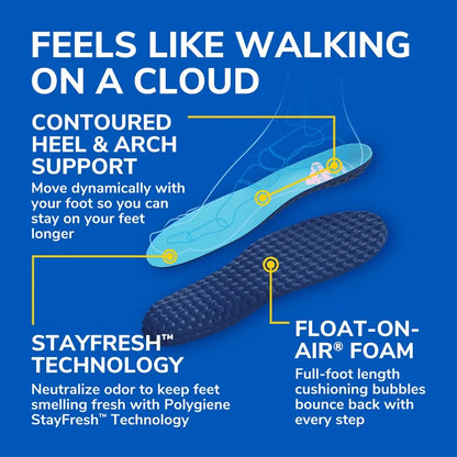 Blue insole side illustration with heel and arch support for full-foot comfort