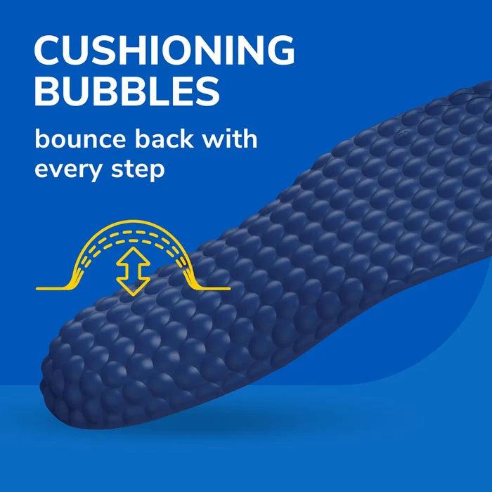 Blue comfort insole with cushioning bubbles, bounce-back support diagram