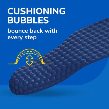 Blue comfort insole with cushioning bubbles, bounce-back support diagram