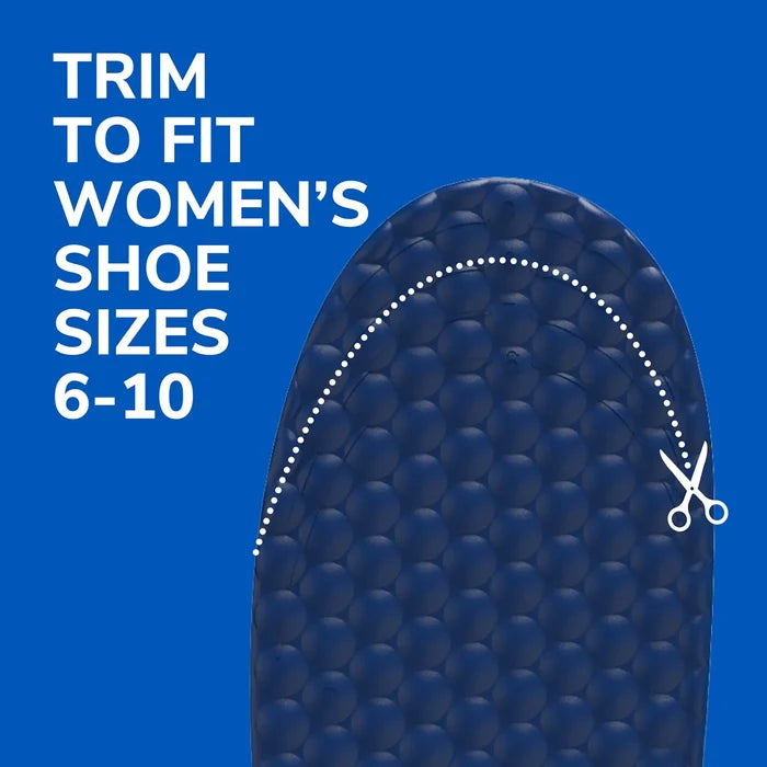 Blue textured insole surface with dotted trim line for fit