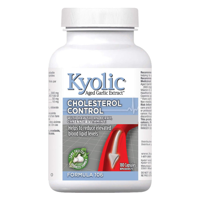 Bottle of Kyolic Formula 106 Cholesterol Control w/Hawthorn Berry, Cayenne & Vitamin E 180 Capsules