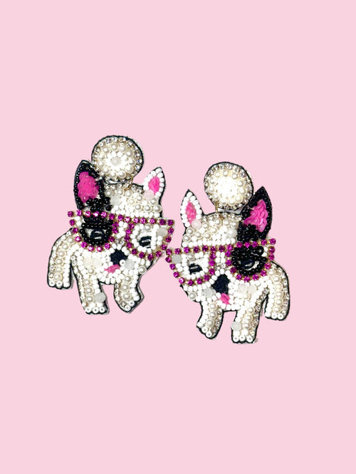 Camel Threads Frenchie Beaded Earrings featuring colorful beaded designs and silver hooks on a white background.