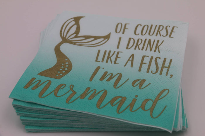 Set of 20 funny cocktail napkins with "I'm a Mermaid" print from soiree-sisters, perfect for bar and party decor.