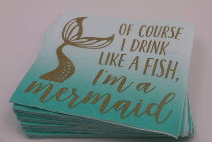 Set of 20 funny cocktail napkins with "I'm a Mermaid" print from soiree-sisters, perfect for bar and party decor.