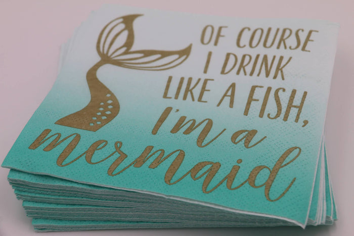 Set of 20 funny mermaid-themed cocktail napkins by Soiree Sisters, featuring playful "I'm a Mermaid" designs for bar and party use.