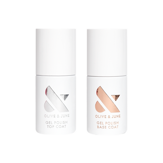 Gel Base Coat + Gel Top Coat Bundle showing two white bottles with Olive and June branding on plain white background