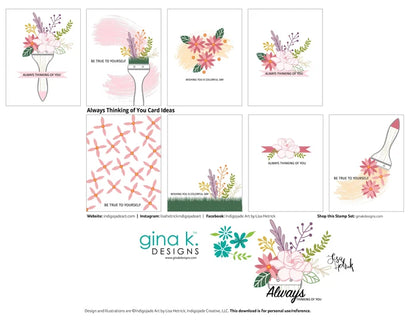 Gina K. Designs - Stamp &amp; Die Set - Always Thinking of You. Always Thinking of You is a stamp set by Lisa Hetrick. This set is made of premium clear photopolymer and measures 6" X 8". Made in the USA. Available at Embellish Away located in Bowmanville Ontario Canada. Examples for personal use by Lisa Hetrick.