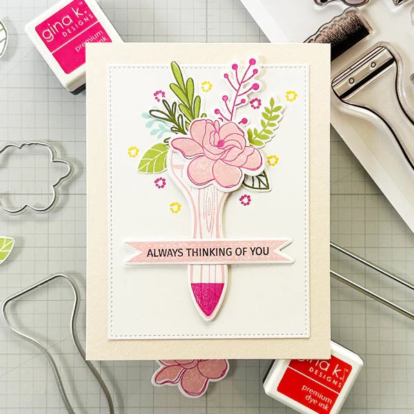 Gina K. Designs - Stamp &amp; Die Set - Always Thinking of You. Always Thinking of You is a stamp set by Lisa Hetrick. This set is made of premium clear photopolymer and measures 6" X 8". Made in the USA. Available at Embellish Away located in Bowmanville Ontario Canada. Examples for personal use by Lisa Hetrick.