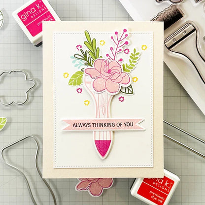 Gina K. Designs - Stamp &amp; Die Set - Always Thinking of You. Always Thinking of You is a stamp set by Lisa Hetrick. This set is made of premium clear photopolymer and measures 6" X 8". Made in the USA. Available at Embellish Away located in Bowmanville Ontario Canada. Examples for personal use by Lisa Hetrick.