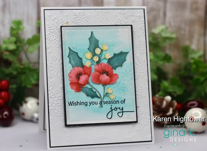 Gina K. Designs - Stamp &amp; Die Set - Joyful Season. Joyful Season is a stamp set by Arjita Singh. This set is made of premium clear photopolymer and measures 6" X 8". Made in the USA. Available at Embellish Away located in Bowmanville Ontario Canada. Card example by Karen Hightower.
