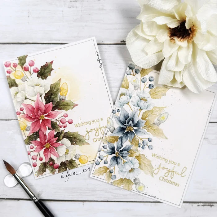 Gina K. Designs - Stamp &amp; Die Set - Joyful Season. Joyful Season is a stamp set by Arjita Singh. This set is made of premium clear photopolymer and measures 6" X 8". Made in the USA. Available at Embellish Away located in Bowmanville Ontario Canada. Card example by K. Lynn.