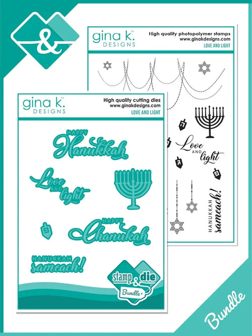 Gina K. Designs - Stamp &amp; Die Set - Love and Light. Love and Light is a stamp set by Gina K Designs. This set is made of premium clear photopolymer and measures 6" X 8". Made in the USA. Available at Embellish Away located in Bowmanville Ontario Canada.