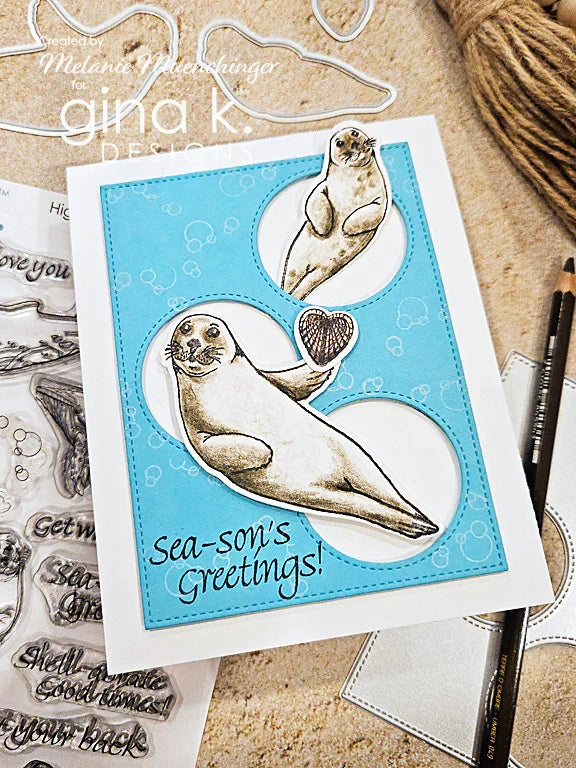 Gina K. Designs - Stamp &amp; Die Set - Beautiful Day. Beautiful Day is a stamp set by Gina K Designs. This set is made of premium clear photopolymer and measures 6" X 8". Made in the USA. Available at Embellish Away located in Bowmanville Ontario Canada. Card example by Melanie Muenchinger.