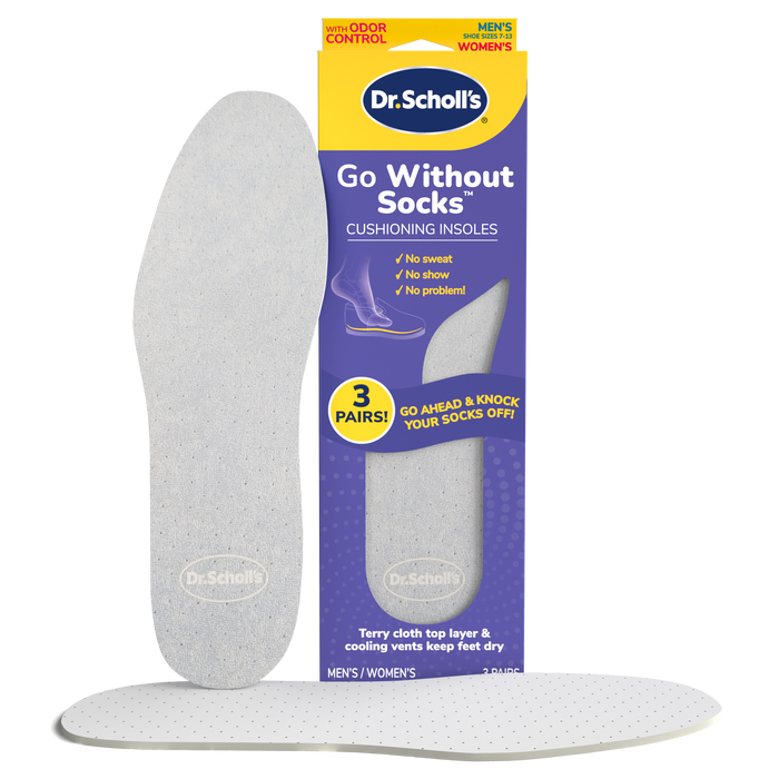 Go Without Socks Insoles by DrScholls showing cushioned terrycloth insoles and retail packaging for sockless comfort and moisture protection