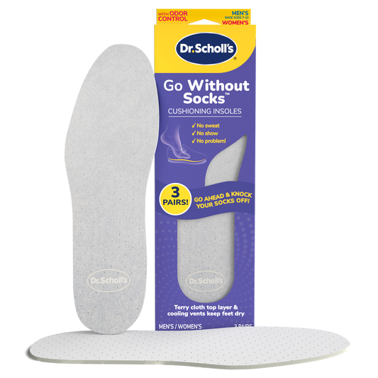 Go Without Socks Insoles by DrScholls showing cushioned terrycloth insoles and retail packaging for sockless comfort and moisture protection