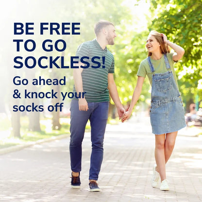 Sockless cushioning insole promotional scene with two people walking in shoes