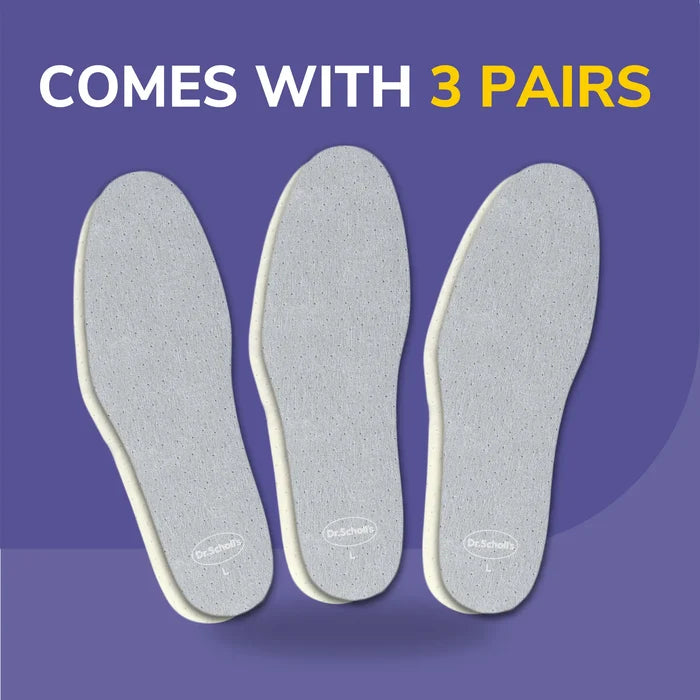 Three gray cushioning insoles with curved arch and speckled texture
