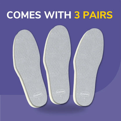 Three gray cushioning insoles with curved arch and speckled texture