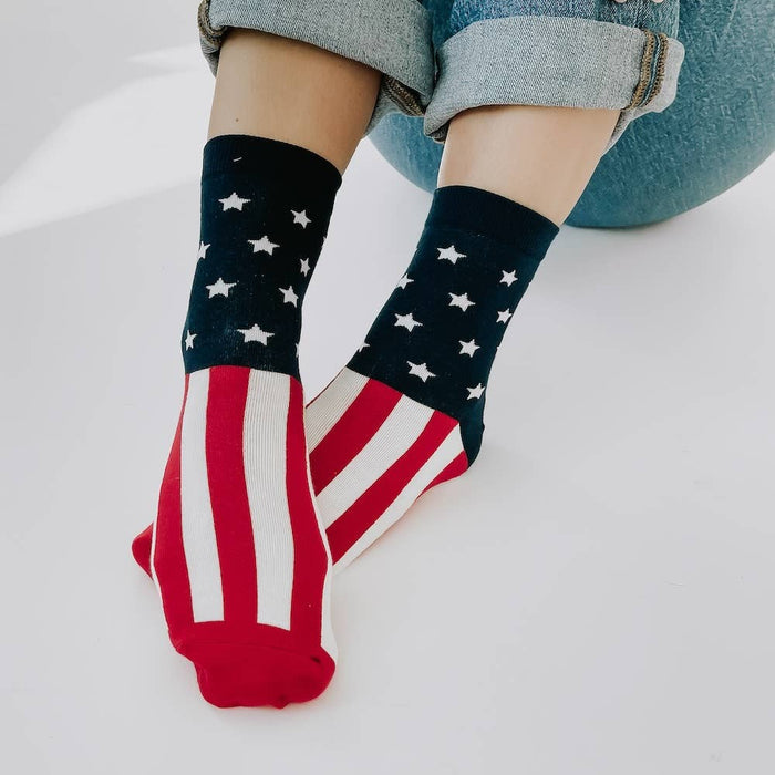 Pretty Simple God Bless America USA socks with patriotic red, white, and blue design featuring stars and stripes.