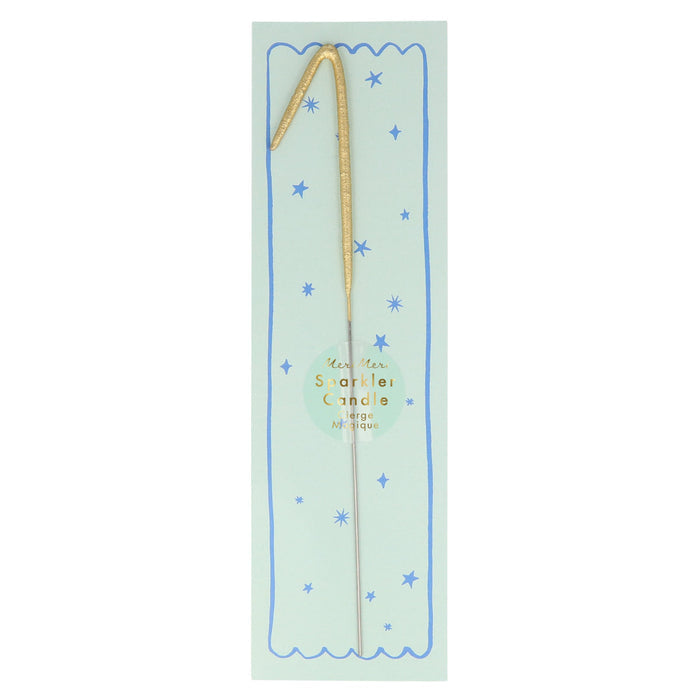 Gold number sparkler candle 1 with blue star pattern and pale blue center