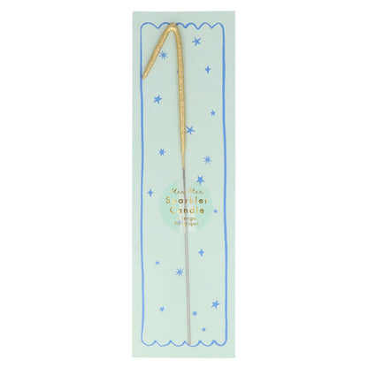 Gold number sparkler candle 1 with blue star pattern and pale blue center