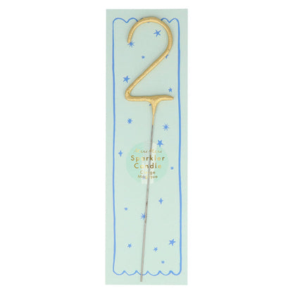 Gold number sparkler candle 2 with blue star pattern and pale blue center