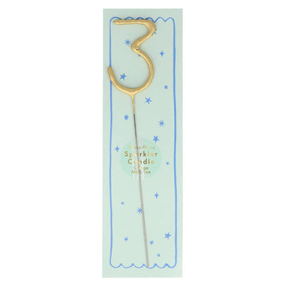 Gold number sparkler candle 3 with blue star pattern and pale blue center