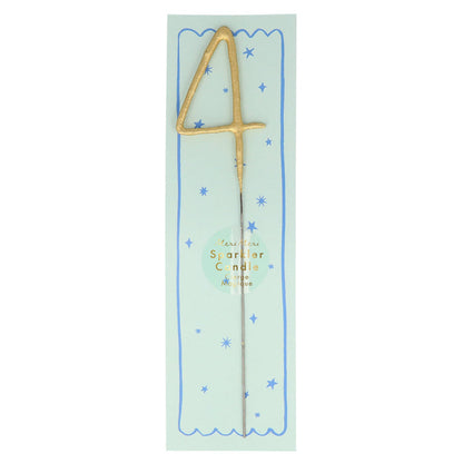 Gold number sparkler candle 4 with blue star pattern and pale blue center