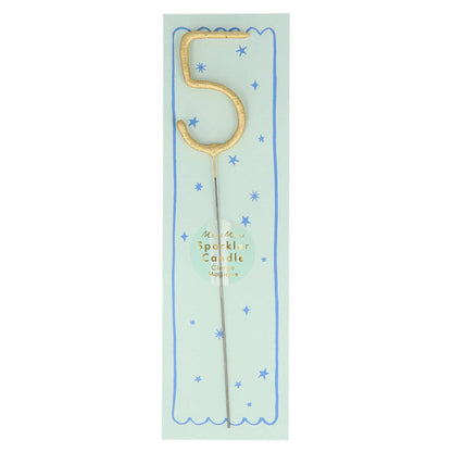 Gold number sparkler candle 5 with blue star pattern and pale blue center
