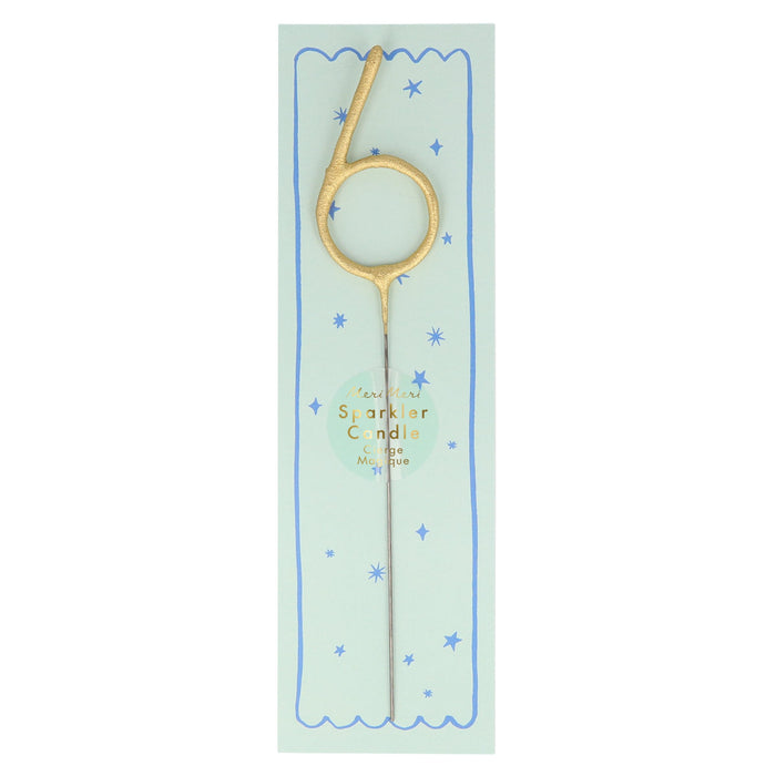 Gold number sparkler candle 6 with blue star pattern and pale blue center
