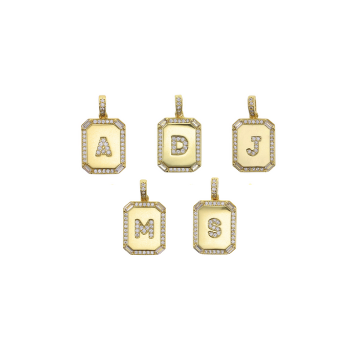 Gold-tone octagonal CZ initial letter charm, letters A, B, J, M, and S shown