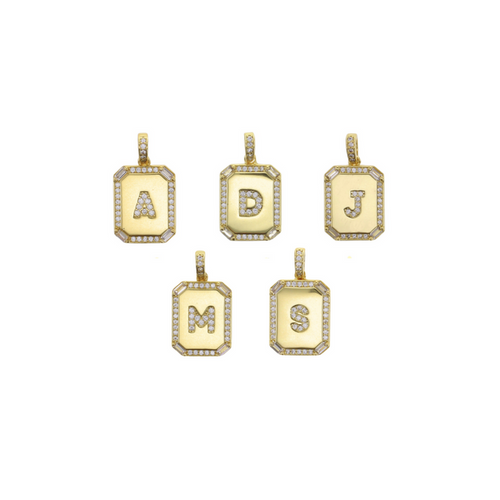 Gold-tone octagonal CZ initial letter charm, letters A, B, J, M, and S shown