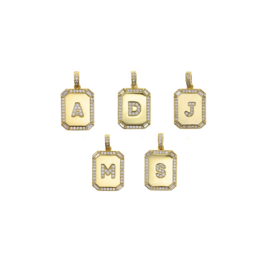 Gold-tone octagonal CZ initial letter charm, letters A, B, J, M, and S shown