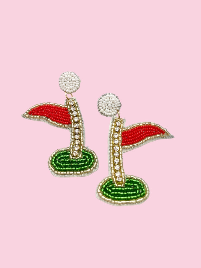 Beaded earrings featuring golf flag design by Camel Threads, stylish accessories for casual or golf-inspired outfits.