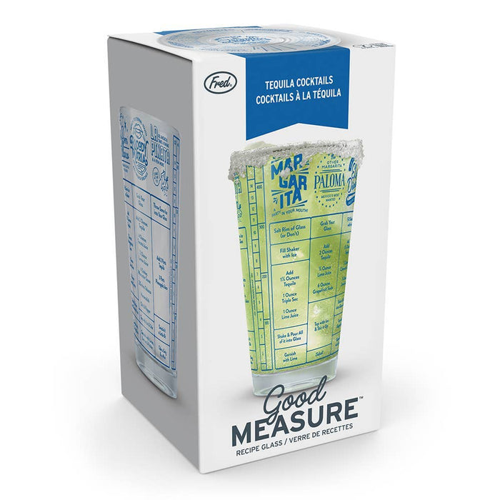 Fred & Friends Good Measure Recipe Tequila Glassware with measuring lines and colorful tequila-themed design, perfect for serving tequila.