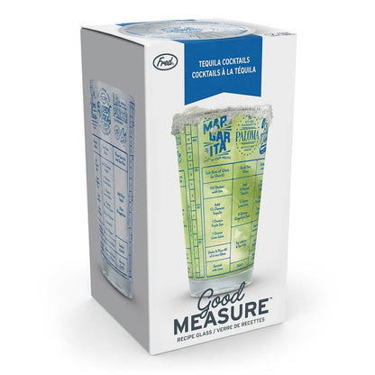 Fred & Friends Good Measure Recipe Tequila Glassware with measuring lines and colorful tequila-themed design, perfect for serving tequila.