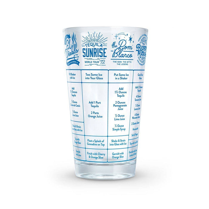 Fred & Friends Good Measure Tequila Recipe Glass, clear glassware with printed tequila recipe design, ideal for serving tequila drinks.