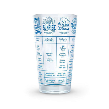 Fred & Friends Good Measure Tequila Recipe Glass, clear glassware with printed tequila recipe design, ideal for serving tequila drinks.