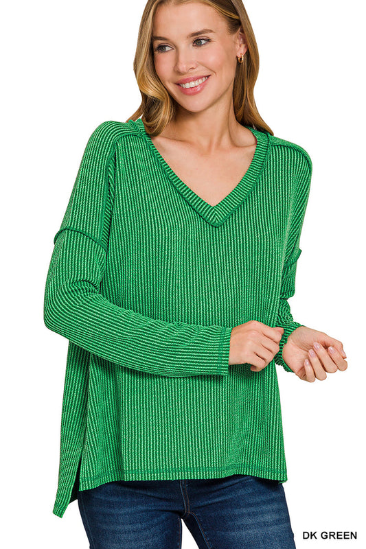 Green Ribbed V-neck LS Top