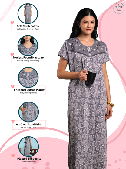 Grey crush cotton floral designer nightydress for women