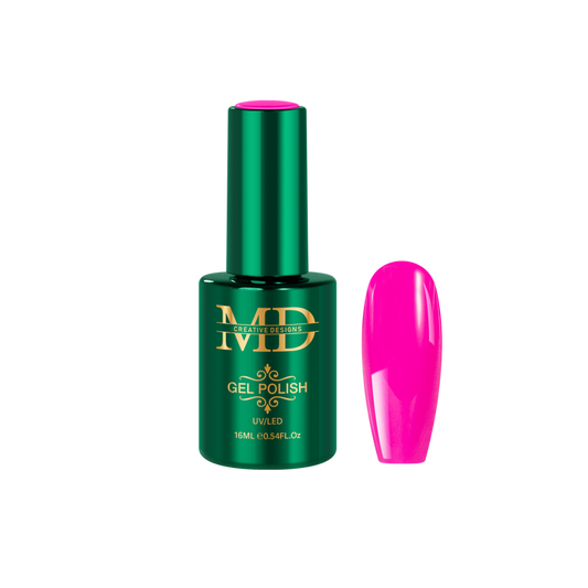 Green gel polish bottle with pink nail tip color swatch on a white background