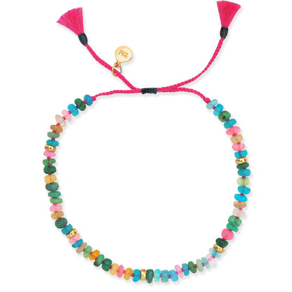 Pink cord multistone bracelet with heart toggle charm and tassel ends
