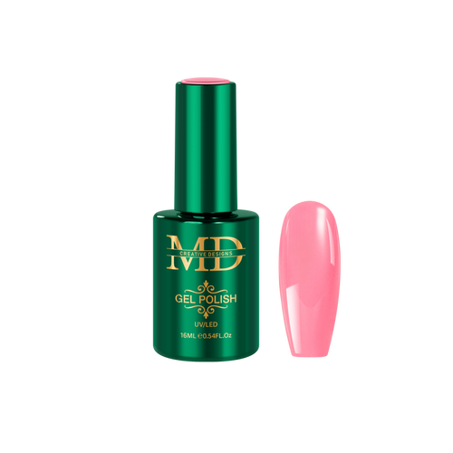 Green gel polish bottle with pink nail tip color swatch on a white background