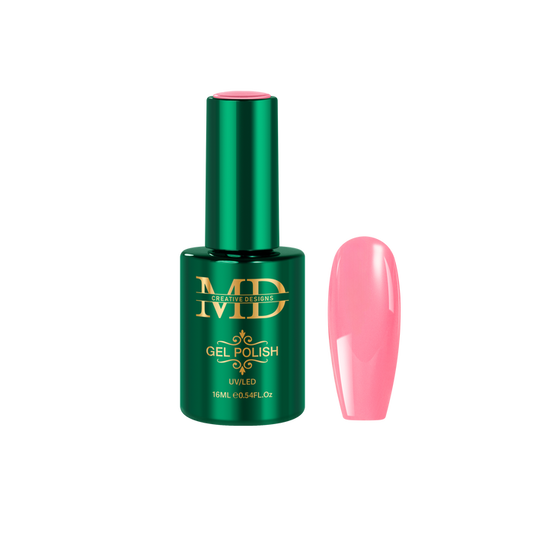 Green gel polish bottle with pink nail tip color swatch on a white background