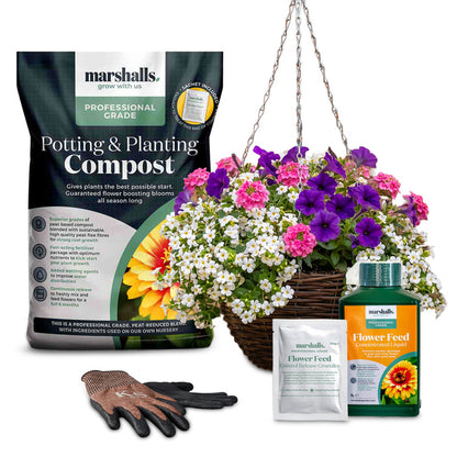 Gardening supplies including potting compost, gloves, and flower feed with a hanging basket of flowers on a white background.