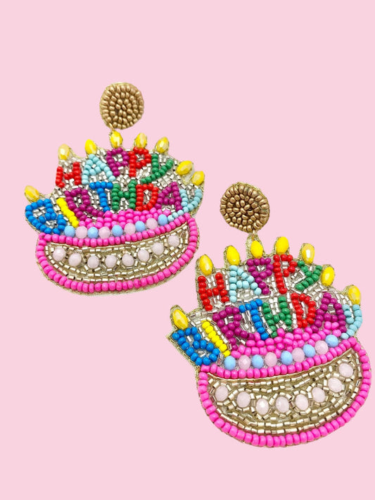 Colorful beaded birthday earrings by Camel Threads featuring vibrant beads and a cheerful birthday theme.