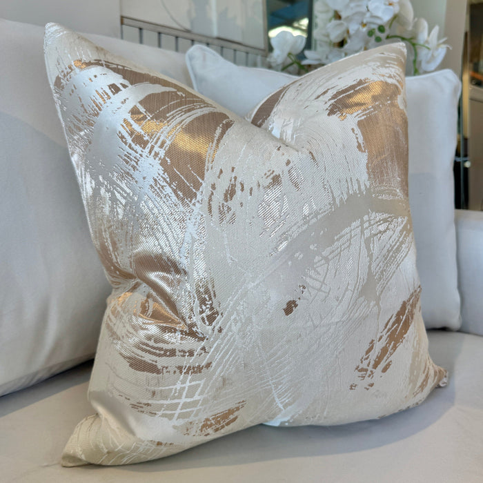 Harlow Cream & Gold Metallic Abstract Feather Filled Cushion - 50x50cm