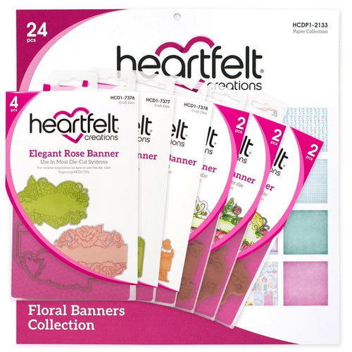 Heartfelt Creations - Floral Banners Collection - Includes 1 Of Each Item In Collection. Creating a beautiful and elegant card doesn't have to be complicated with the Floral Banners Collection! Specially designed stamps with coordinating dies, giving you a one of a kind look with elegant floral banners!  Available at Embellish Away located in Bowmanville Ontario Canada.