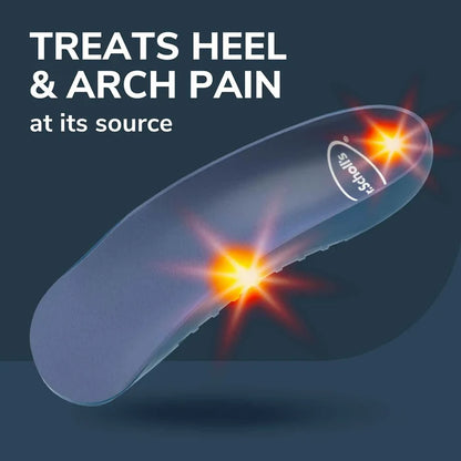 Blue orthotic insole with glowing heel and arch pain relief highlights