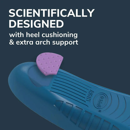 Blue orthotic insole with purple heel cushioning and extra arch support